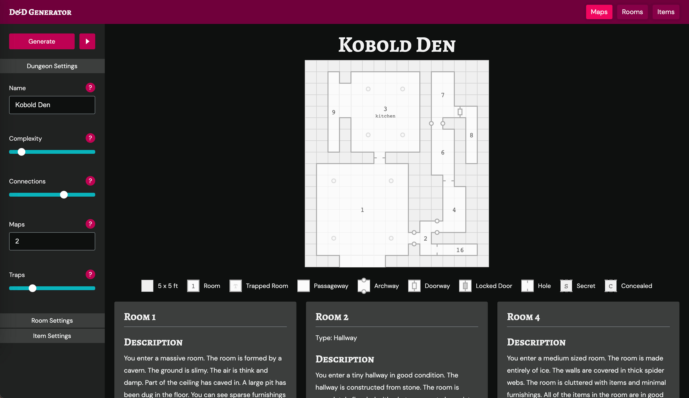 Screenshot of a D&D dungeon map generator