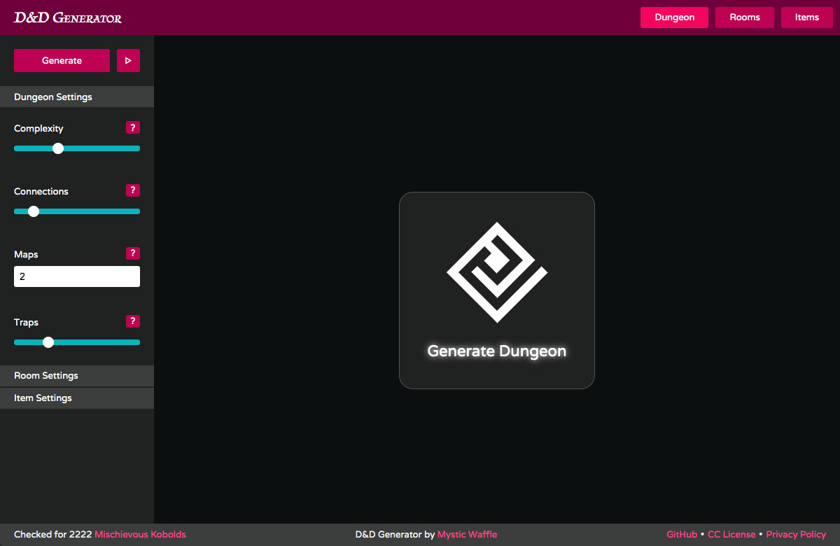 Screenshot of a D&D dungeon generator web application