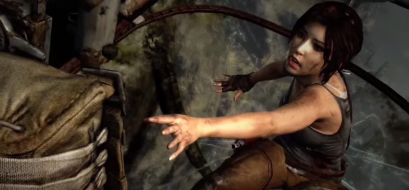 Lara Croft trying to grab a parachute before falling to her death!