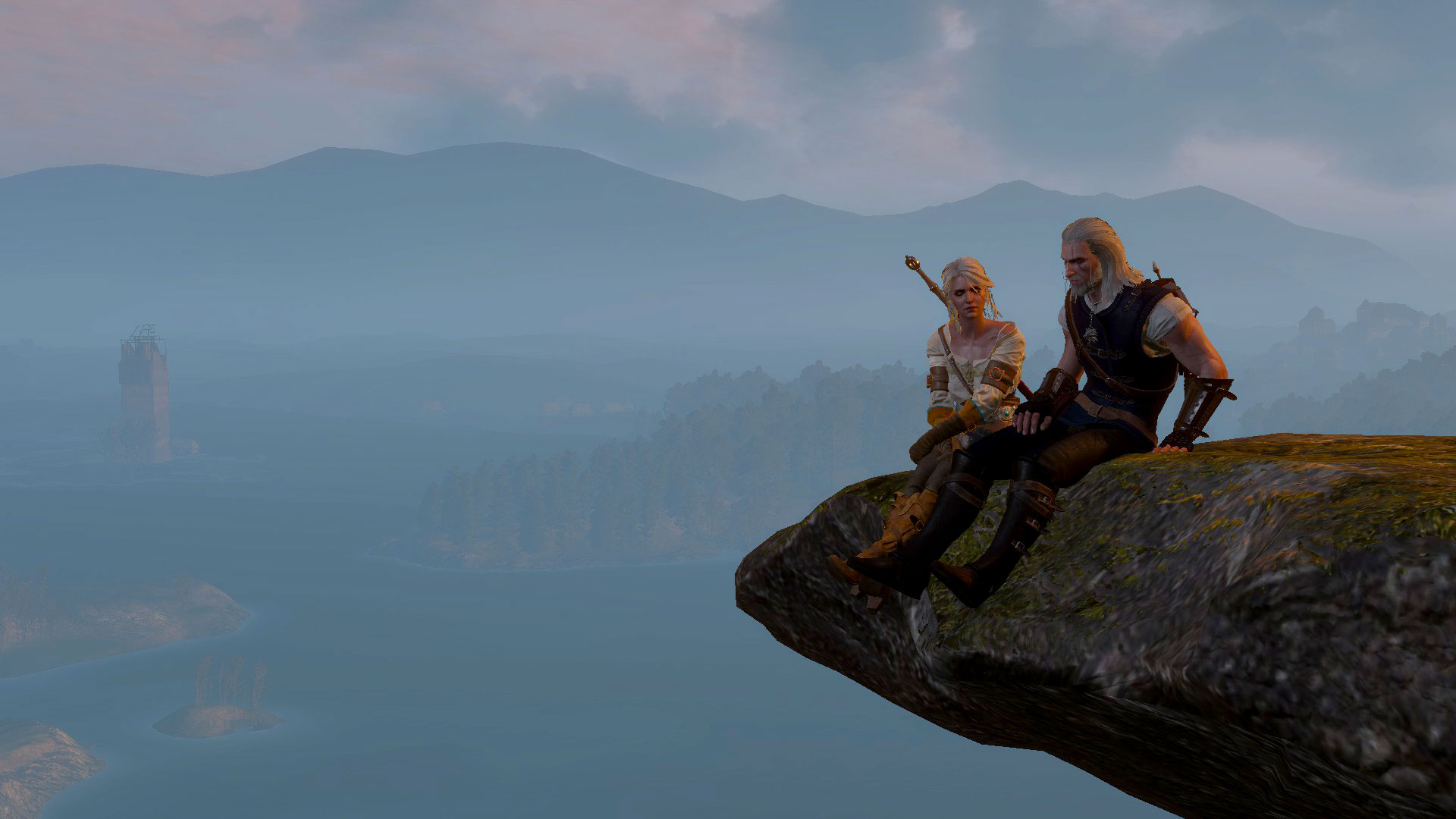 Ciri And Geralt Talking On A Rock Ledge